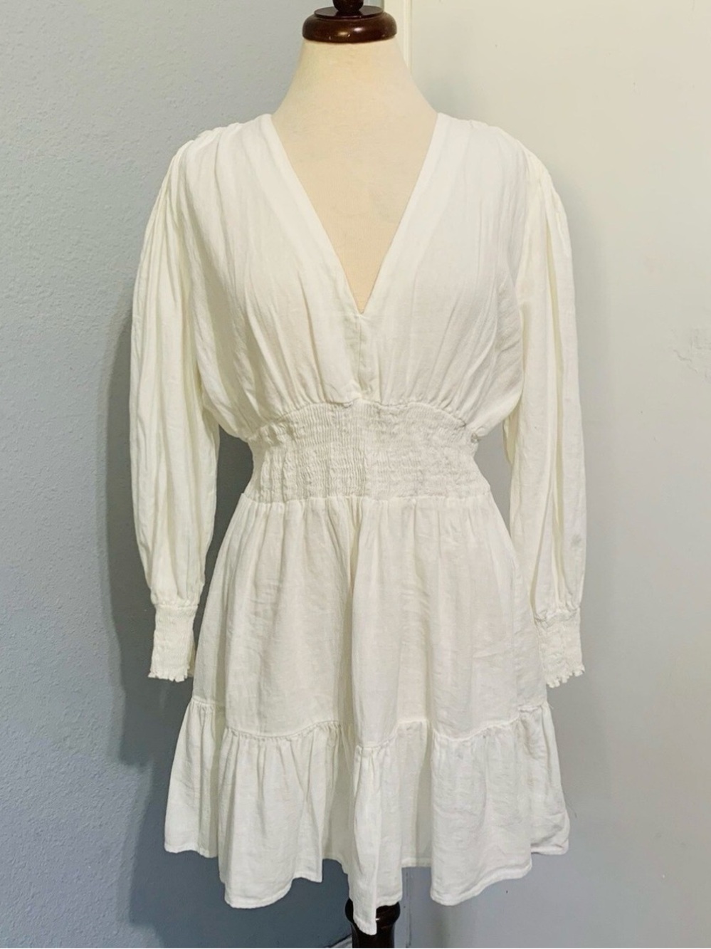 Zara Cream V-Neck Long Sleeve Smocked Waist Dress